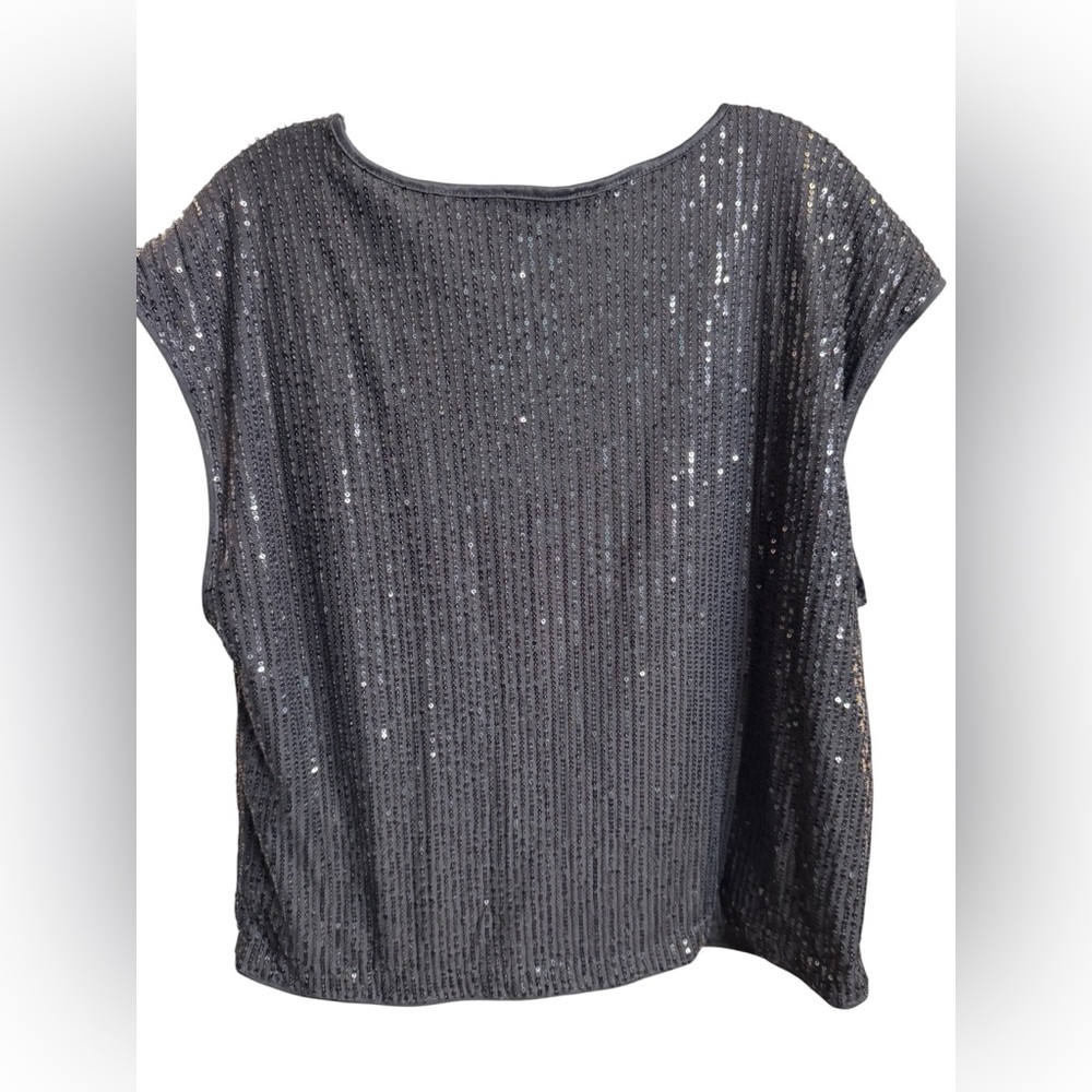 Black Sequin Cap-Sleeve Women's Top - Picture 3 of 5